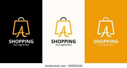 Plantilla inicial de diseños de logotipo de A Shop. Ilustración vectorial gráfico del concepto de diseño del logotipo combinado de letras y bolsas de compra. Perfecto para Ecommerce, venta, descuento o elemento web de tienda. Emblema de la empresa