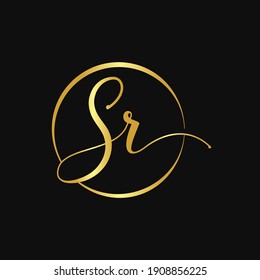 Initial SR Gold Script Circle Letter Logo Design vector Template