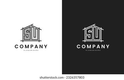 Initial SU home logo with creative house element in line art style vector design template