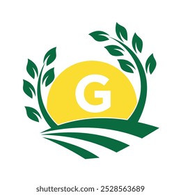Logo inicial de Sunshine Farm combinado con la letra G Plantilla de Vector
