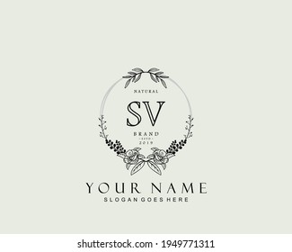 Initial SV beauty monogram and elegant logo design, handwriting logo of initial signature, wedding, fashion, floral and botanical with creative template.