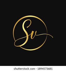 Initial SV letter Logo Design Gold Script Circle vector Template