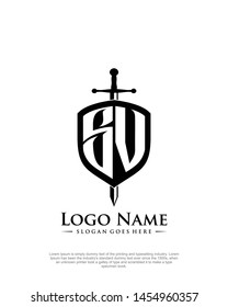 initial SV letter with shield style logo template vector