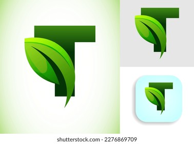 Alfabeto T inicial con una hoja. Concepto de logotipo ecológico. Símbolo gráfico del alfabeto para identidad empresarial y de empresa.