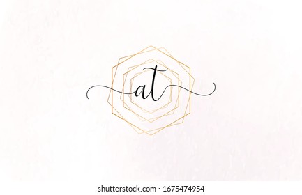 Monograma inicial de belleza AT o A T y diseño elegante del logo, logo de escritura a mano de firma inicial, boda, moda y botánico con plantilla creativa. concepto de pincel - vector
