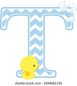 initial t with bubbles and little baby rubber duck isolated on white background. can be used for baby boy birth announcements, nursery decoration, party theme or birthday invitation