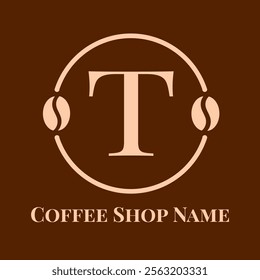 Initial T Cafe brown colour. Coffee bean logo letter T design vector template. Coffee shop bussiness logotype vector illustration. Emblem logo for cafe