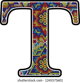 initial t with colorful dots abstract design with mexican huichol art style 