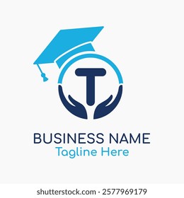 Initial T Education Logo with Graduation Logo. School Education Care and Hand Logo Concept. Student Help Logo Design Vector