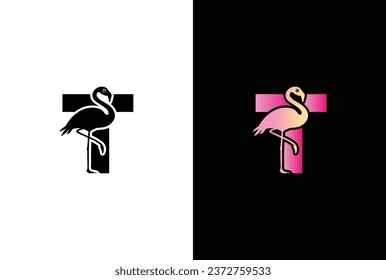 Logo inicial del ave T Flamingo. Icono de pájaro Flamingo con letra T Modelo de vector de diseño de logotipo.