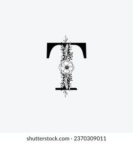 Initial T floral alphabet logo. Black floral alphabet, botanical monogram vector letters with black line art flowers, leaves and thorns.