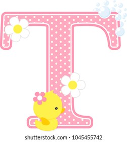 initial t with flowers and cute rubber duck isolated on white. can be used for baby girl birth announcements, nursery decoration, party theme or birthday invitation. Design for baby girl