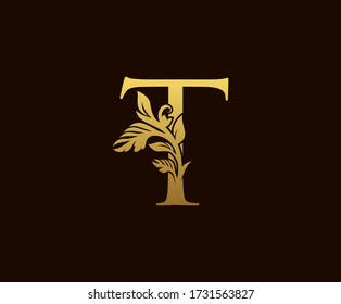 Initial T Gold Leaf Logo Design . Graceful style.  Vintage drawn emblem for book design, wedding ornament, brand name, letter stamp, Restaurant, Boutique, Hotel.  