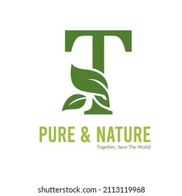Initial T Green Letter and Leaf for Modern Beauty Nature Cosmetic, Vegan, Environmental, Nutrition Consultant Service Company Logo Idea