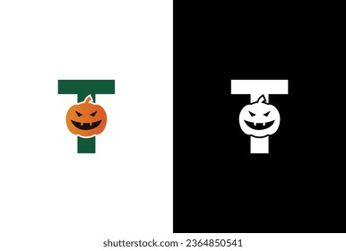 Initial T Halloween logo. Halloween letter T logo or icon template design. Halloween pumpkin white background