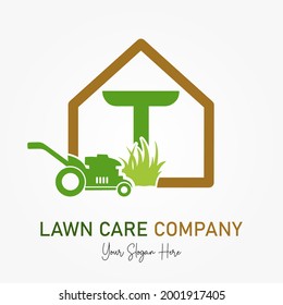 Initial T Latter with Mower Machine for Lawn Care Service Company Logo. Landscaping Lawnmower Home Maintenance Business Branding