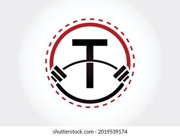 Letra T inicial con un alfabeto barbell. Diseño del logotipo del vector de elevación. Logo vectorial moderno para la construcción de cuerpos, gimnasia, fitness e identidad de la empresa