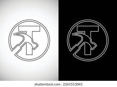 Initial T letter alphabet with a Hammer. Repair, renovation, and construction logo. Line art style logo