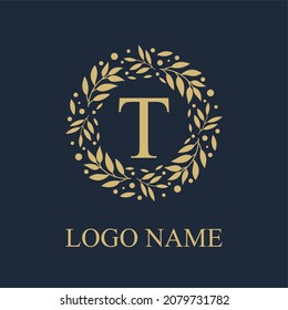 Initial T Letter in Circle Leaves Wreath Frame for Cosmetic, Make up, Fashion, Hotel, Resto, Resort, Real Estate, Apartment Business Logo Vector Template