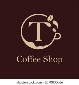 Ursprünglicher T-Brief mit Coffee Cup, Coffee Bean, Liquid for Coffee Shop, Restaurant, Cafe, Beverage Business Einfache und moderne Logo Vorlage Idee