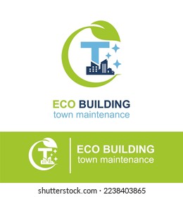 Initial T Letter Eco Building Town Maintenance Building Exterior Company Logo Design Idea Template. Home and Building Cleaning Service