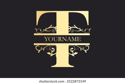 Initial T letter, floral Split Letter Monogram,luxury Wedding invitation Monogram Design,gold color on black background