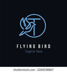Initial T Letter and Flying Blue Bird Restaurant, Cafe, Digital, Technology Business Logo Idea Template