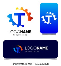 Initial T Letter Gear Logo Design Vector Graphic