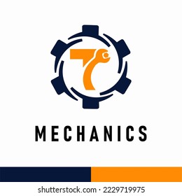 Initial T Letter with Gear and Wrench symbol for mechanic automotive repair business service logo template