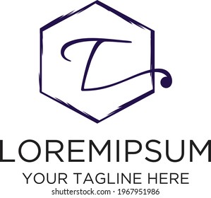 Initial T Letter Handwriting Hexagon Logo
