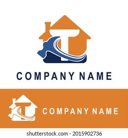 Initial T Letter with House and Hammer Icon for Construction Contractor Rebuild Repair Maintenance Home Service Company Logo Concept Idea