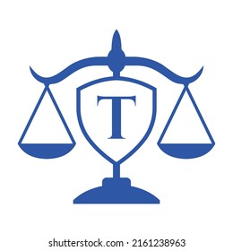 Initial T Letter Law Logo with Shield, Wreath Symbol. Law and Attorney Logotype in Alphabet T Letter Template
