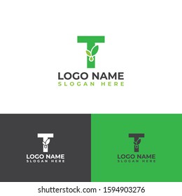 Initial T letter leaves with water droplets. Minimalist and modern cannabis leaf design