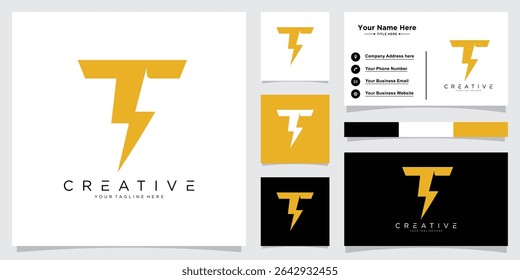 Initial T Letter with Lightning Bolt Logo Vector Design