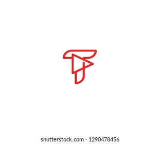 Initial T Letter Linear Red Line with Play Media Logo Design