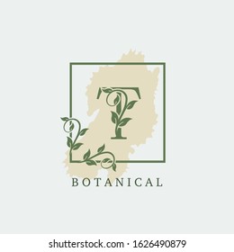 Initial T Letter Logo Botanical Nature Leaf,  vector design concept square Frame with alphabet letter logo icon for  nature business.