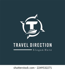 Initial T Letter with Ship Marine and Compass Icon for Travel Guide Navigation Business Logo Idea Template