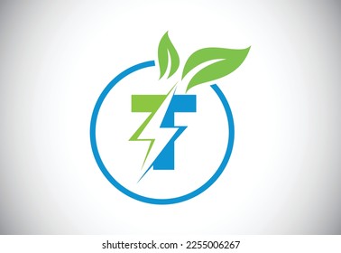 Initial T-Buchstaben-Dreiflügelkreis oder Öko-Energiesparsymbol. Leaf- und Thunderblitz-Ikone-Konzept für das Elektrologo für Naturenergie 