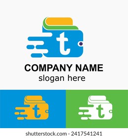 Letra t inicial con aceleración de cartera y velocidad, idea de logotipo simple de pago rápido en línea. Concepto de vector de cartera digital	
