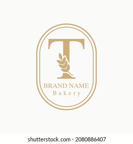 Initial T Letter with Wheat Grain for Bakery, Bread, Cake, Cafe, Pastry, Healthy Food, Cafetarian, Home Industries Business Logo Vector Idea 