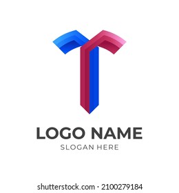 initial T logo concept with 3d red and blue color style