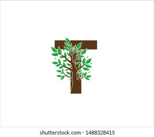 Initial T Logo Letter Made From Brown Tree Branches. Tree Letter Design with Minimalist Creative Style.