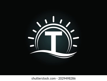 Initial T monogram alphabet with abstract sun and wave. Ocean sun logo design. Font emblem. Modern vector logo for a business, and company identity