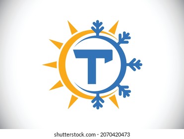 Initial T monogram alphabet with abstract sun and snow. Air conditioner logo sign symbol. Hot and cold symbol. Modern vector logo for conditioning business and company identity