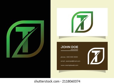 Initial T monogram alphabet with abstract leaf. Eco-friendly logo concept. Font emblem