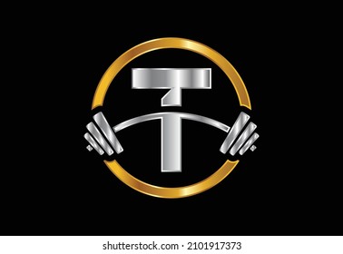 Initial T monogram alphabet with a barbell. Lifting vector logo design. Vector logo for bodybuilding
