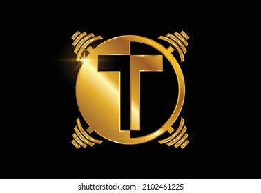 Initial T monogram alphabet with a barbell. Lifting vector logo design. Modern vector logo for bodybuilding, gym, fitness club, business, and company identity