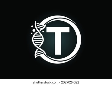 Initial T monogram alphabet in a circle with DNA. Genetics logo design concept. Font emblem. Logo for medicine, science, laboratory, business, and company identity
