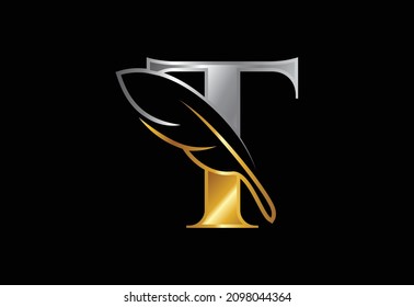 Initial T monogram alphabet with a feather. Font emblem. Law firm icon sign symbol. Modern vector Logo for a writer or publishers business and company identity