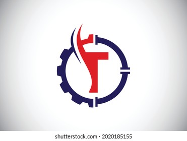 Initial T monogram alphabet with gear pipe and flame. Oil and gas logo concept. Font emblem. Modern vector logo for petroleum business and company identity